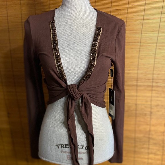 Daisy Fuentes Tops - NWT Daisy Fuentes Brown Long Sleeve Front Tie Sequin Neckline Top Size Medium